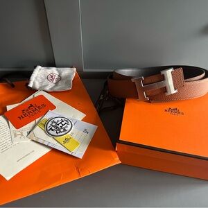 Hermes Reversible Brown/Black Leather Belt with Silver Buckle